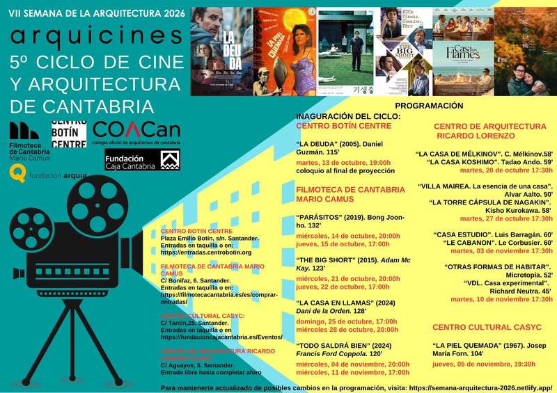 Cartel de Arquicines, 5.º ciclo de cine y arquitectura de Cantabria 2026